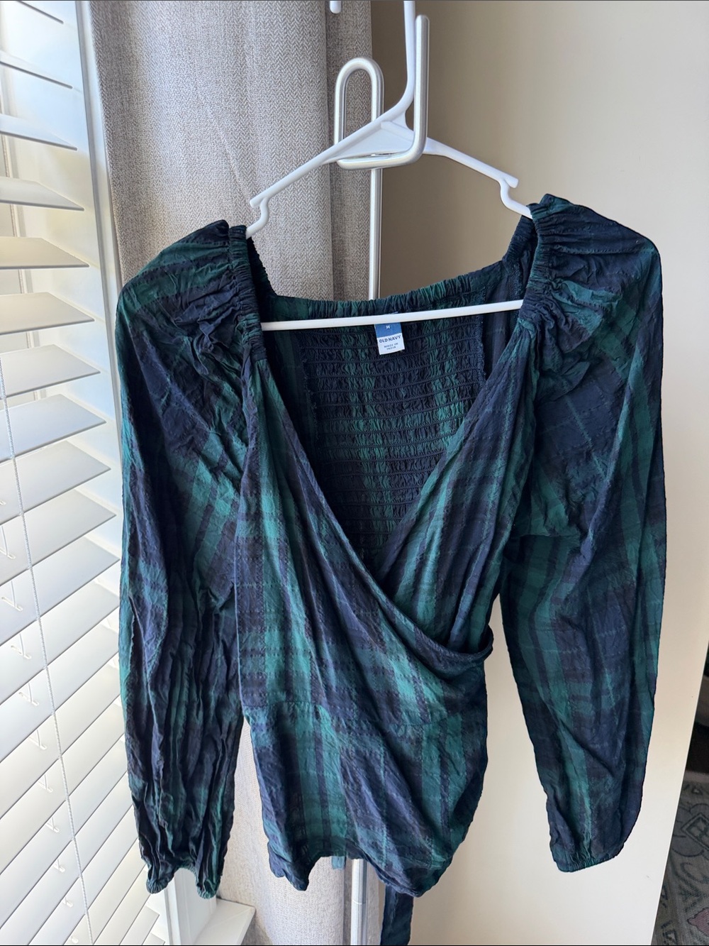Old Navy Black and Green Plaid Smocked Wrap Blouse